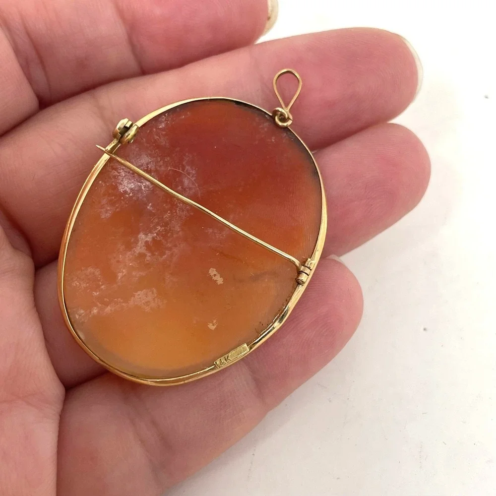 Vintage 14K Yellow Gold Shell Cameo Brooch Pendant Hand Carved Woman Portrait